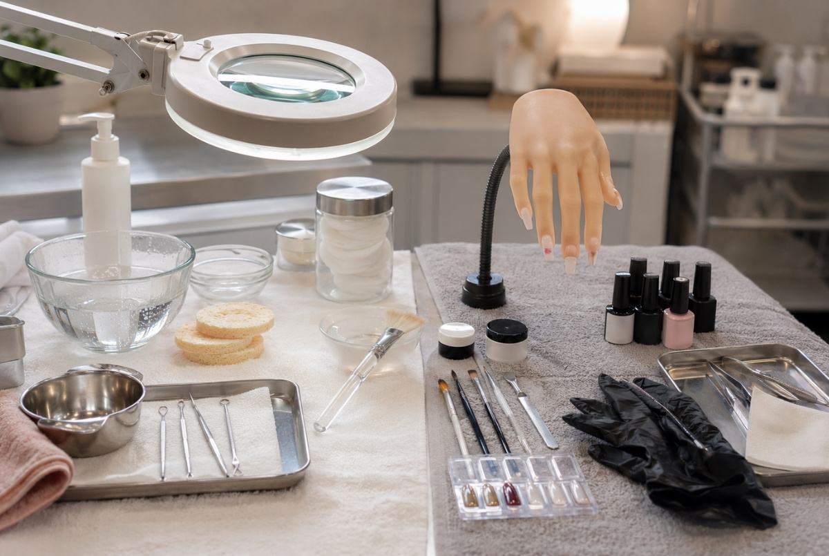 Clean beauty education workstation with magnifying lamp, facial sponges, esthetics bowls, nail practice hand, gel polish bottles, gloves, brushes, and sanitation tray.