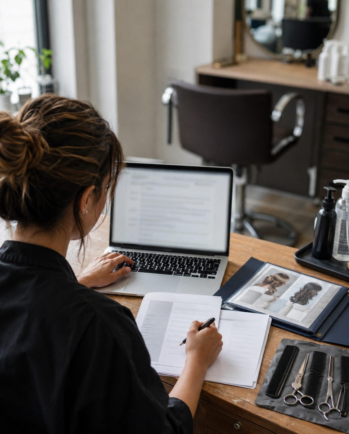 A new beauty graduate works on a blurred laptop and resume pages at a salon desk with a portfolio binder, pen, combs, and shears nearby.