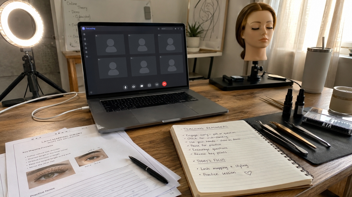 Hybrid beauty instructor home office setup with laptop video call screen, ring light, lesson notes, mannequin head, notebook, lash mapping papers, and beauty tools.