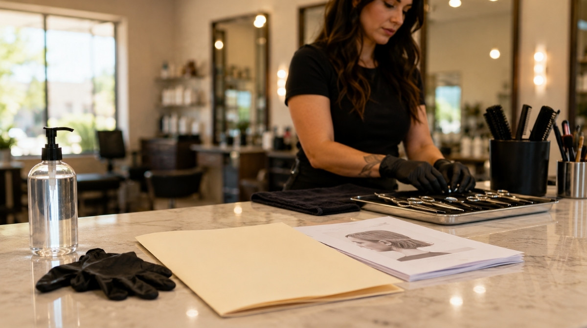 A working beauty professional organizes a clean salon workstation with a blank renewal folder, continuing education packet, sanitizer bottle, gloves, and disinfected tools.