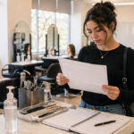 A prospective beauty student reviews a blank enrollment and state licensing checklist at a modern salon classroom station with a mannequin and sanitized tools nearby.