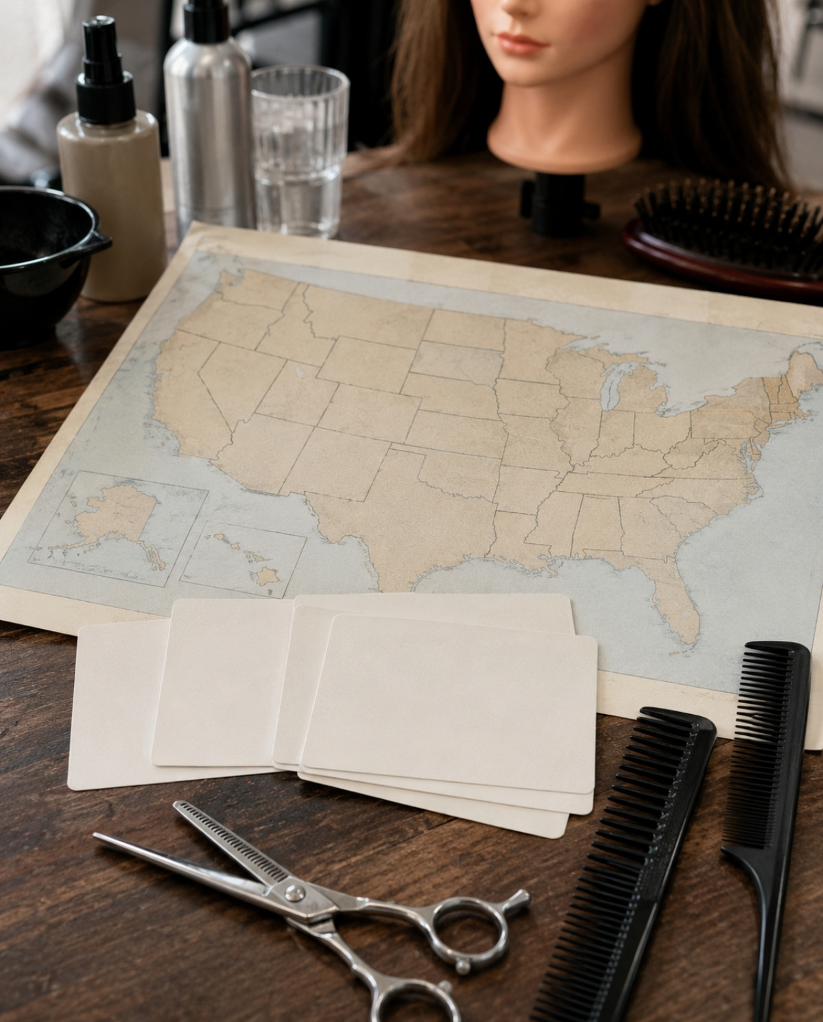 A salon desk displays an unmarked map, blank requirement cards, shears, combs, and a softly blurred mannequin head to represent state cosmetology rules.