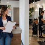 Salon owner holds a blank checklist at the front desk while a licensed professional prepares a station in the service area behind.