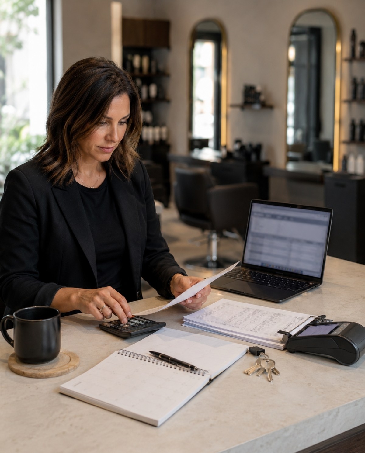 Salon owner handles business tasks at a reception desk with a blurred laptop, blank calendar, payroll papers, card reader, and keys.