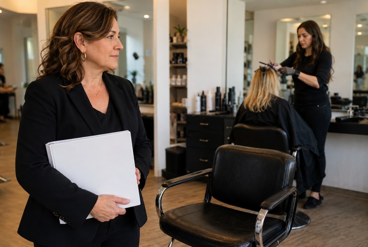 Salon owner holds a blank operations binder beside an empty styling chair while a licensed stylist works with tools in the background.