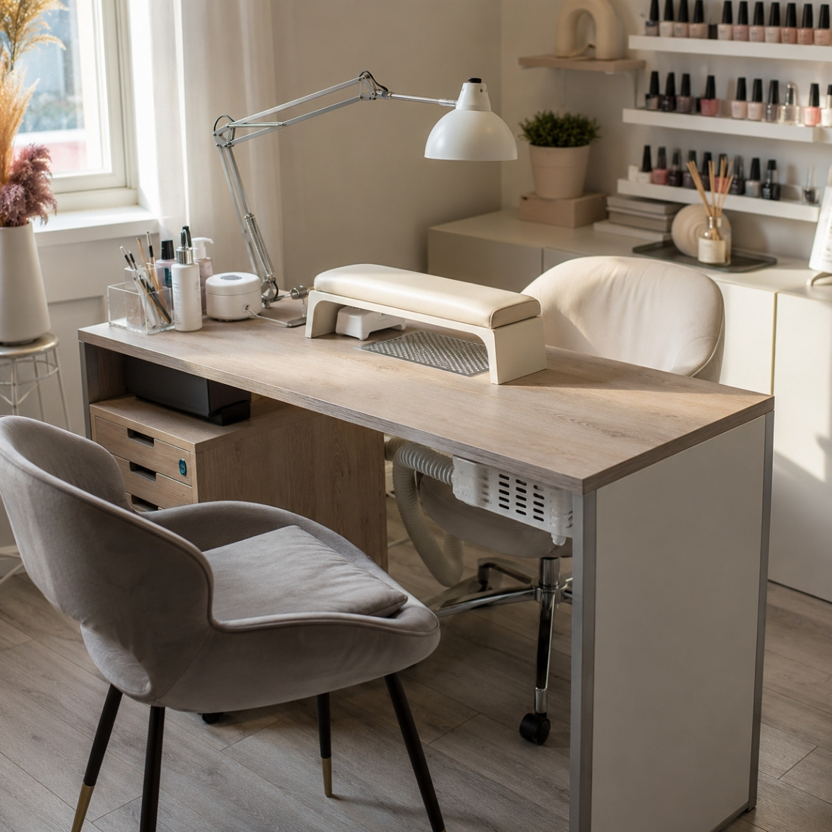 Complete professional nail technician station with two chairs, padded hand support, task lamp, source-capture ventilation, organized tools, compact storage, clear legroom, and managed cords.