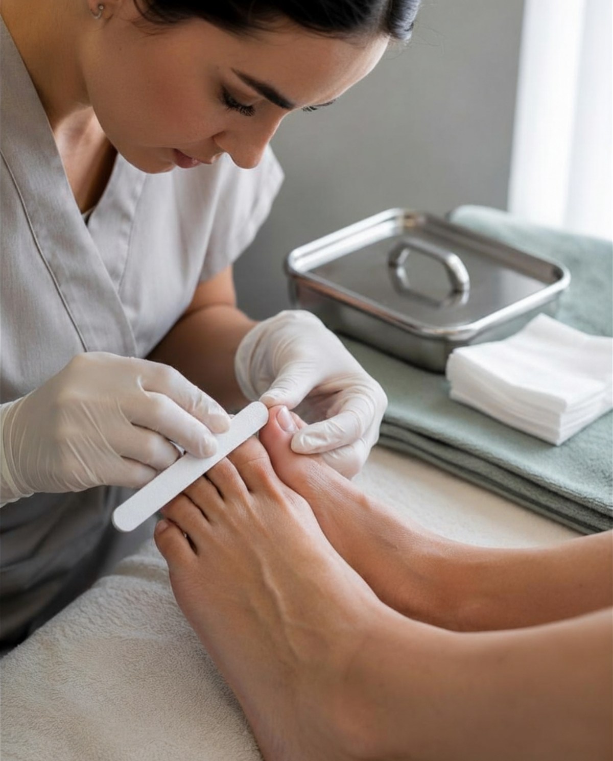 A gloved medical nail technician gently files healthy intact toenails during a waterless pedicure with clean gauze, towels, and a covered implement tray nearby.