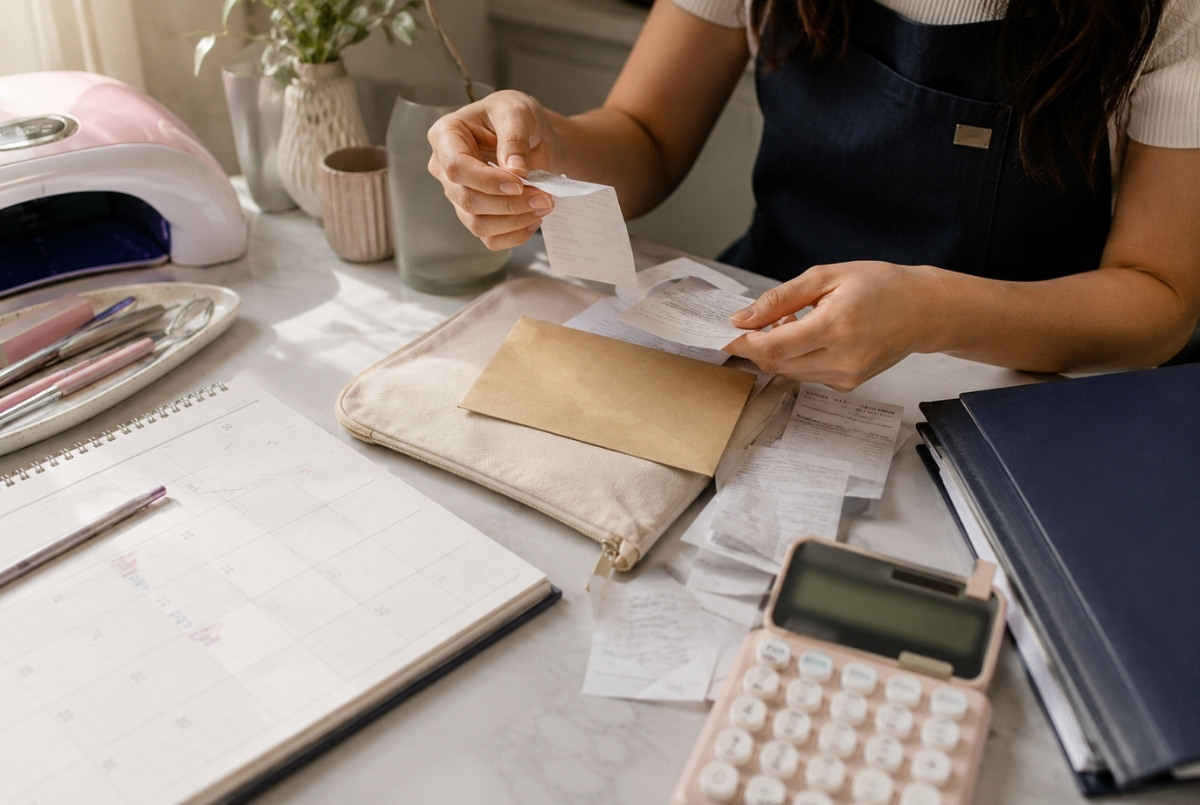 Nail business owner preparing a weekly bank deposit while sorting cash tips, card payment receipts, appointment records, and reported income documents.