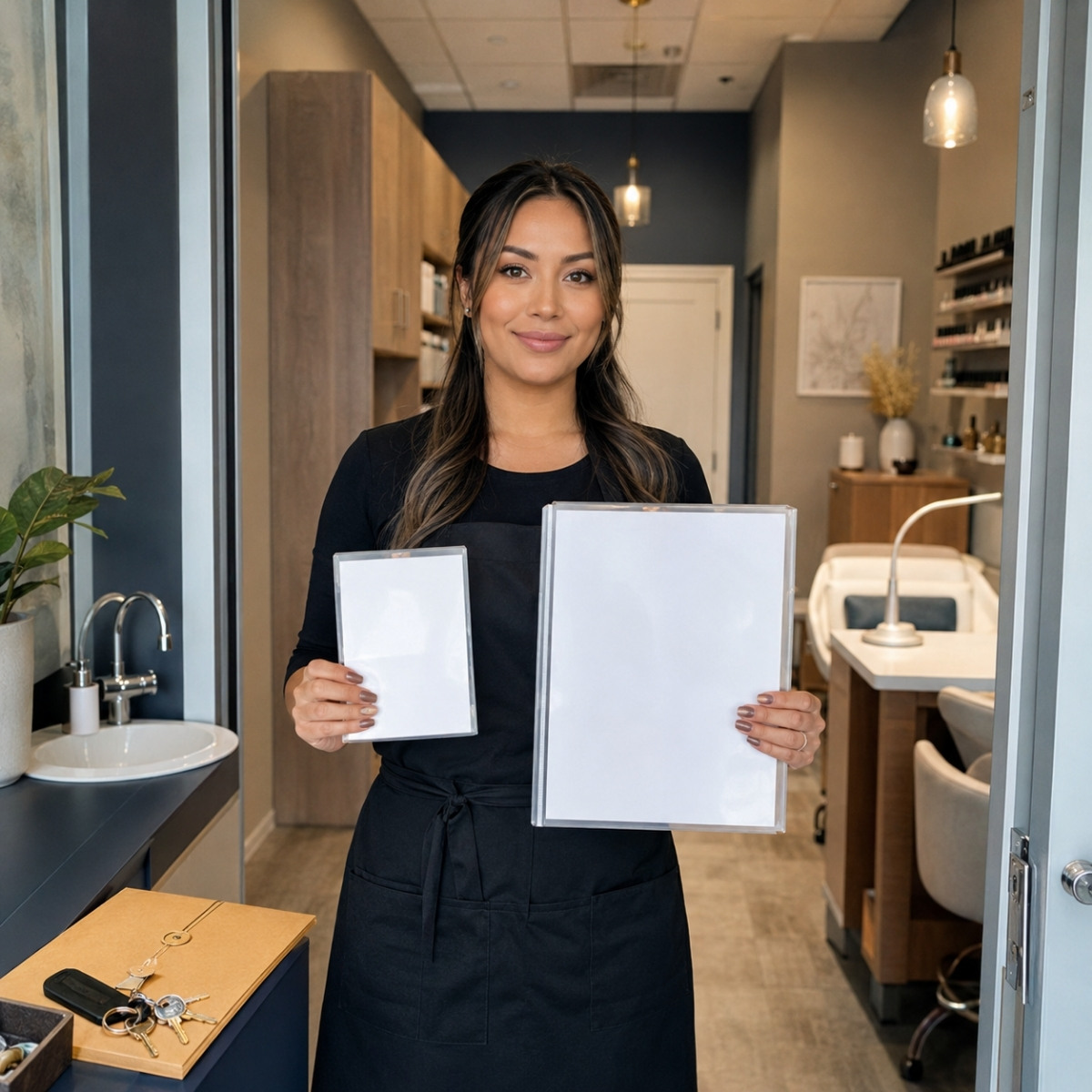Nail professional holding a small practitioner credential sleeve and a larger facility permit folder inside a salon suite with a sink, manicure table, storage, and keys.
