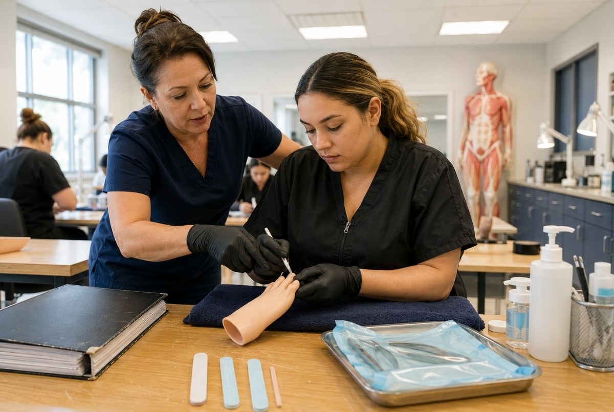 An adult nail student practices pedicure techniques on a silicone foot while an instructor corrects hand positioning beside a preparation binder, anatomy model, and sanitary tools.