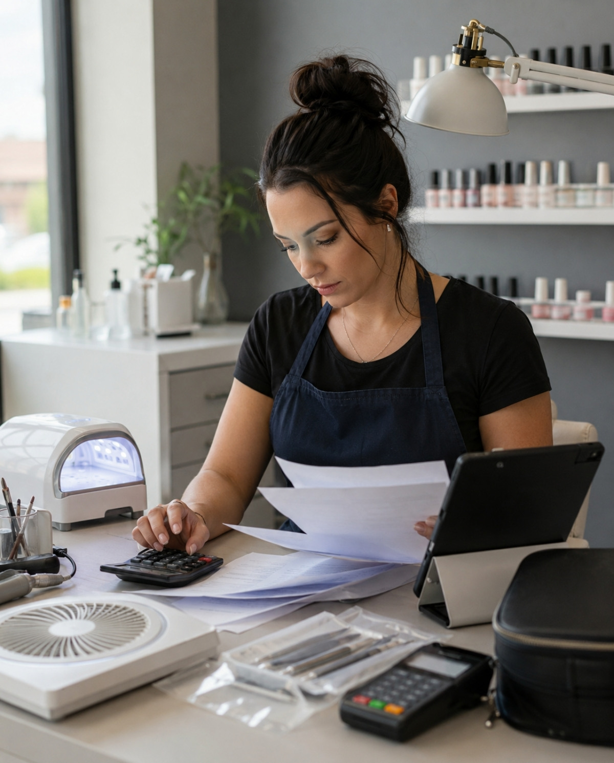 Nail technician comparing insurance quote pages with a calculator while reviewing salon equipment, sealed tools, a payment terminal, and a mobile travel case.
