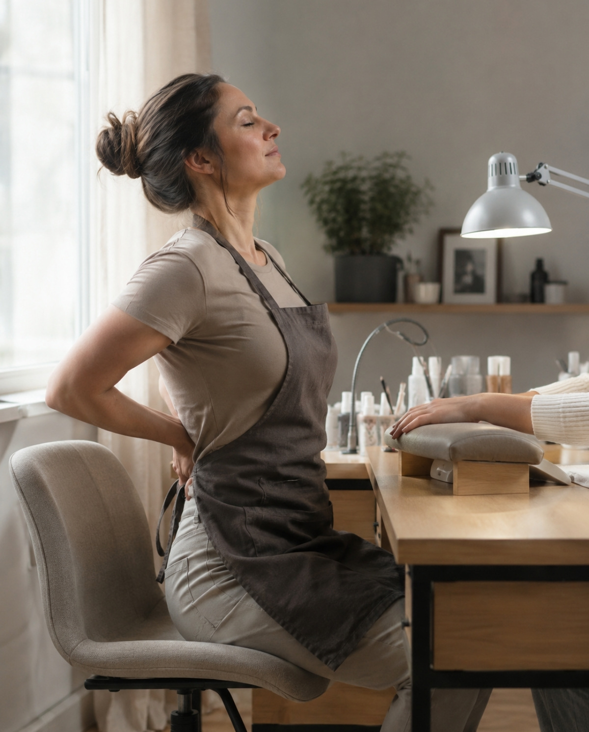 Nail technician briefly straightening her shoulders during a manicure while the client's hand remains elevated on supportive padding at an ergonomic desk.