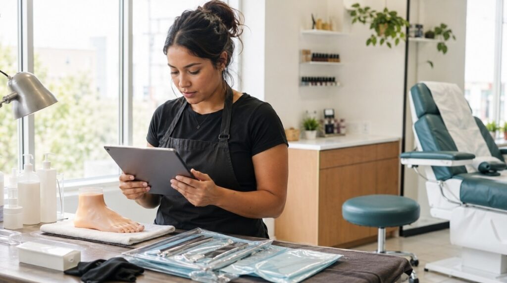 A newly licensed nail technician reviews an advanced training lesson on a tablet beside a practice foot, sealed supplies, gloves, and disinfected cosmetic nail implements.