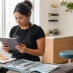 A newly licensed nail technician reviews an advanced training lesson on a tablet beside a practice foot, sealed supplies, gloves, and disinfected cosmetic nail implements.