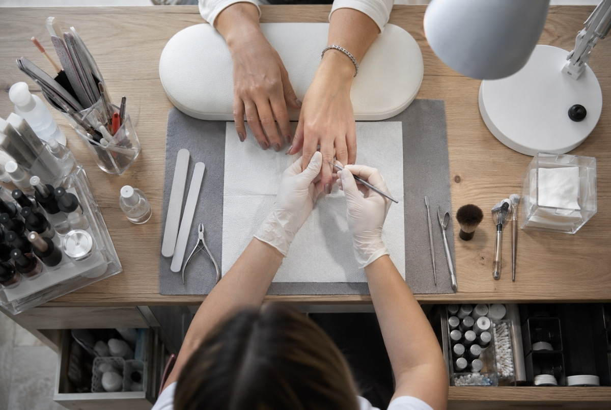 Overhead view of an active manicure desk with nail files, brushes, cuticle tools, disposable supplies, storage, and task lighting arranged around an efficient central work zone.