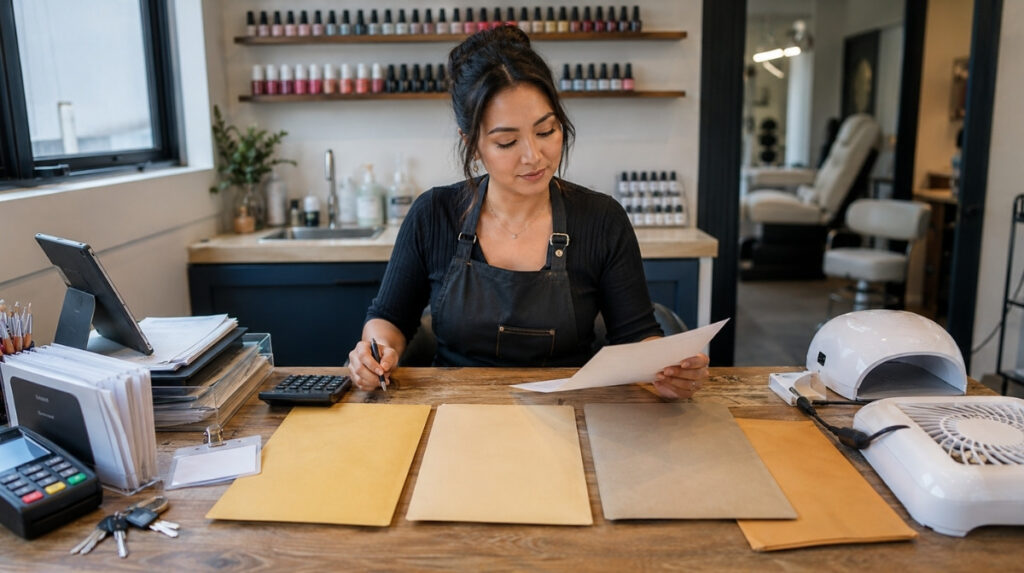 Self employed nail technician reviewing folders for insurance, taxes, and business permits at a professional manicure station with financial and salon equipment.