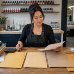 Self employed nail technician reviewing folders for insurance, taxes, and business permits at a professional manicure station with financial and salon equipment.
