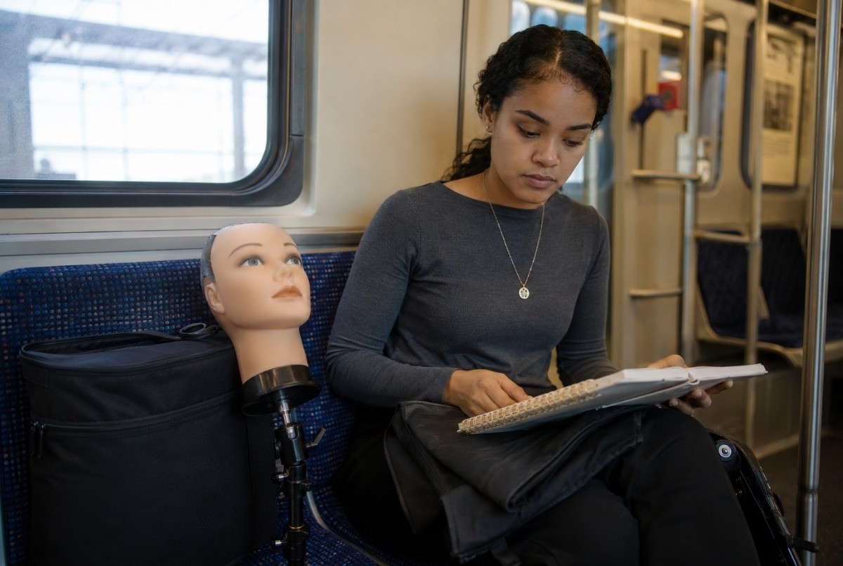 Adult cosmetology student reviews a weekly planner on public transit while commuting with an apron, mannequin stand, and professional tool bag.