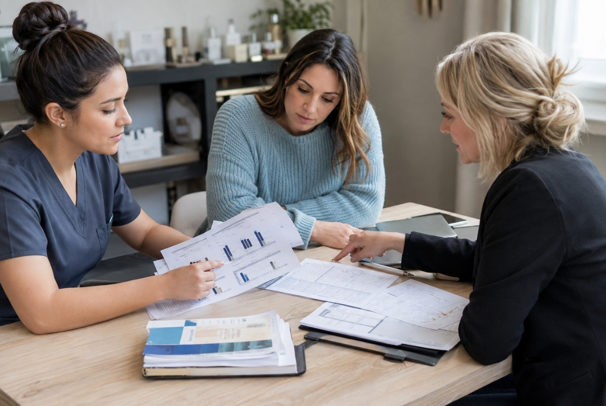 Cosmetologist and licensing adviser comparing training transcripts, work-experience records, and a supplemental education plan.