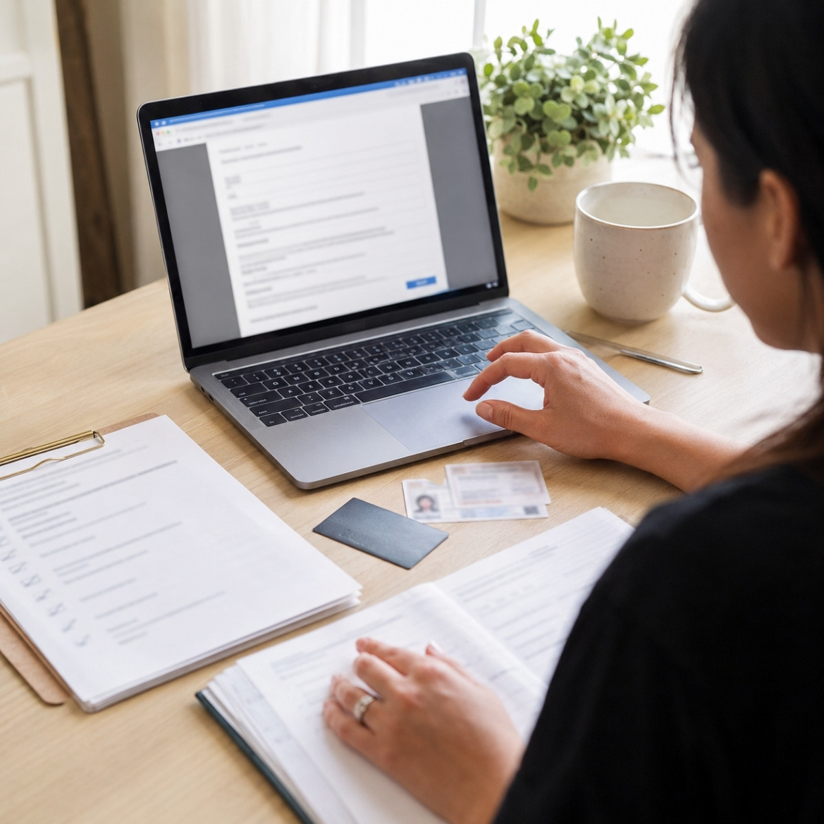 Cosmetologist preparing to submit an online license application with verification documents, checklist, and payment card nearby.