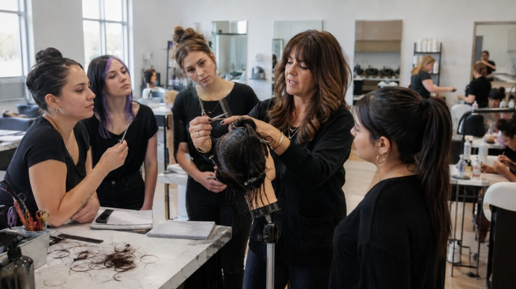 Cosmetology instructor demonstrates hair sectioning and cutting on a mannequin as adult students observe closely from their practical training stations.