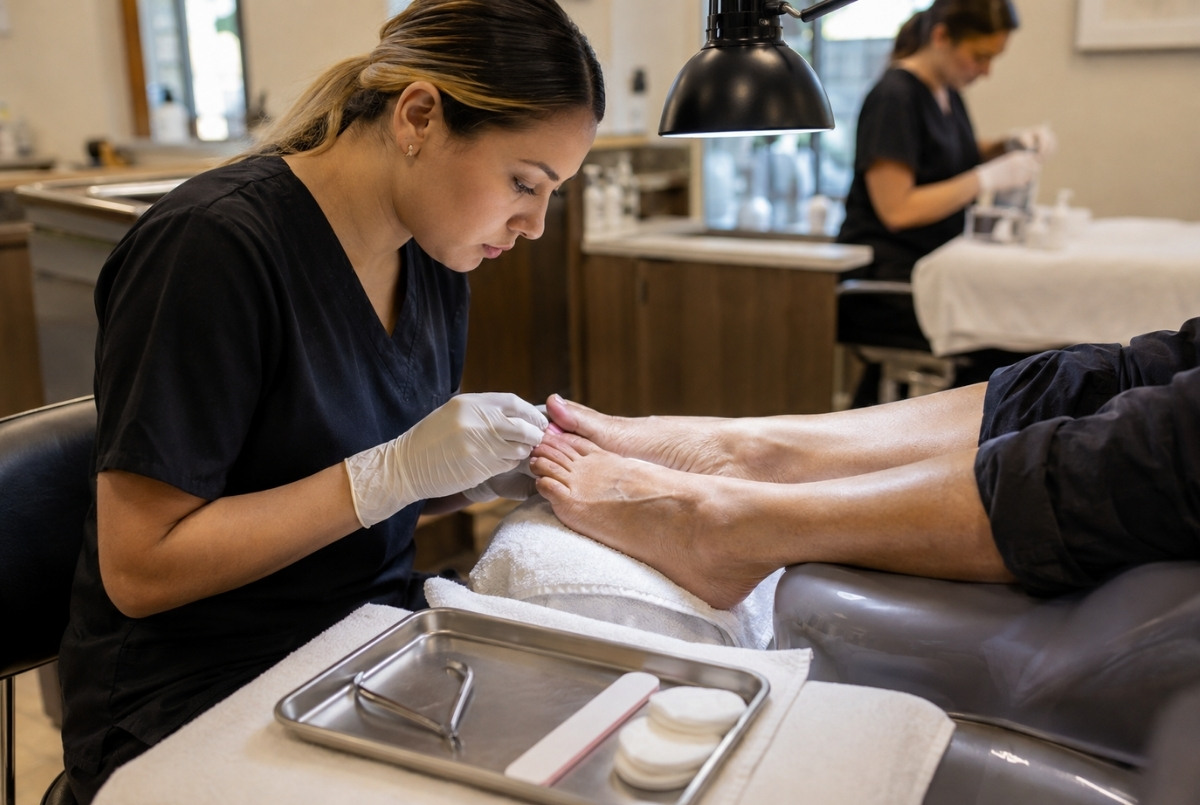 Gloved cosmetology student inspects a client’s natural toenails during supervised pedicure preparation with clean tools, towels, cotton pads, and a disposable file.