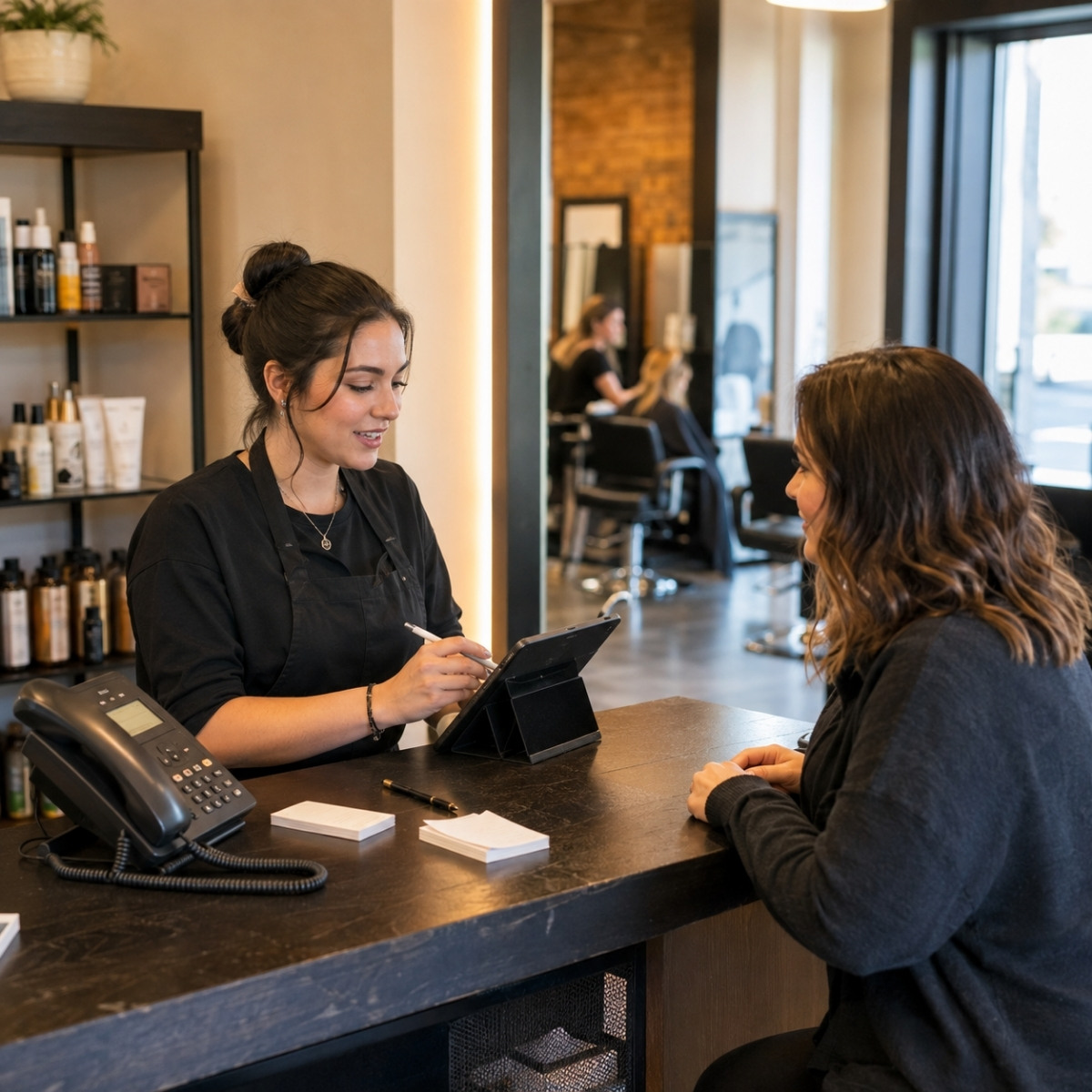 Cosmetology student speaks with a seated client at a reception desk while entering an appointment into a tablet during professional salon operations training.