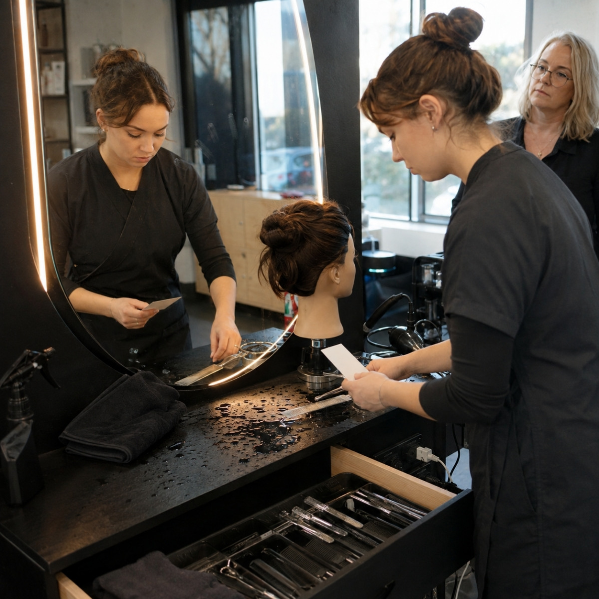 Cosmetology Student Preparing An Organized Workstation For The Next Training Day