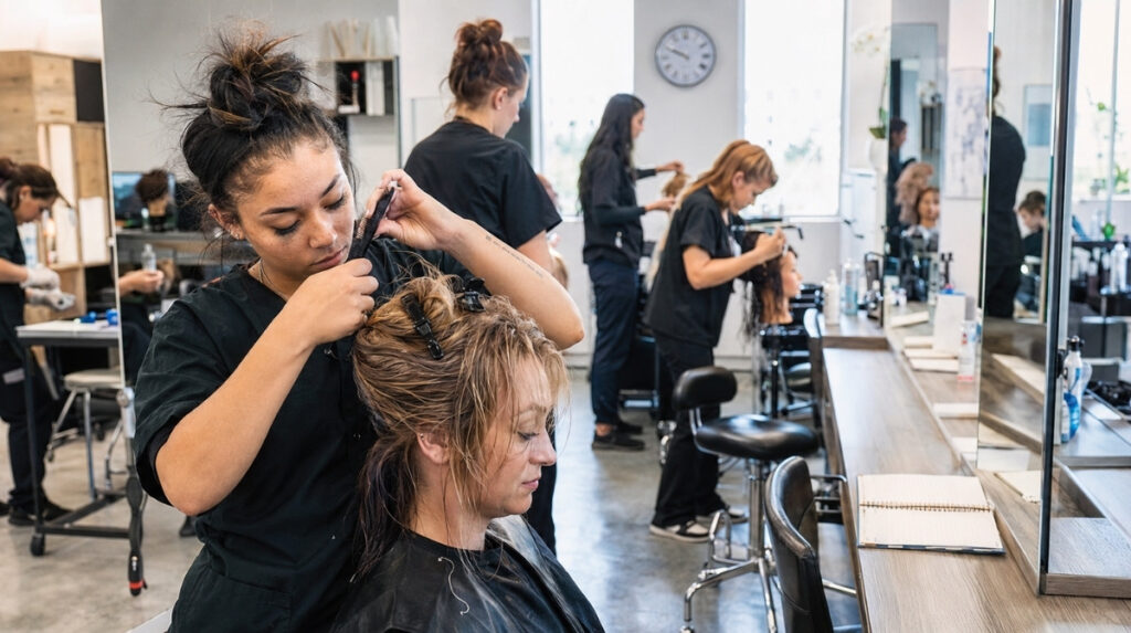 Cosmetology student styles an adult model while classmates practice haircutting, hair coloring, and sanitation throughout an active training classroom.