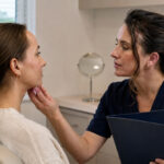 Dentist evaluating an adult patient’s lower-face profile beside a mirror, jaw model, and professional qualification materials.