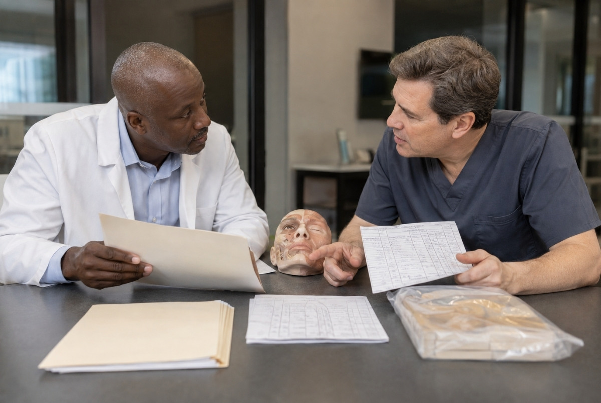 Dentist discussing curriculum, supervised practice, facial anatomy, and training materials with an experienced clinical instructor.