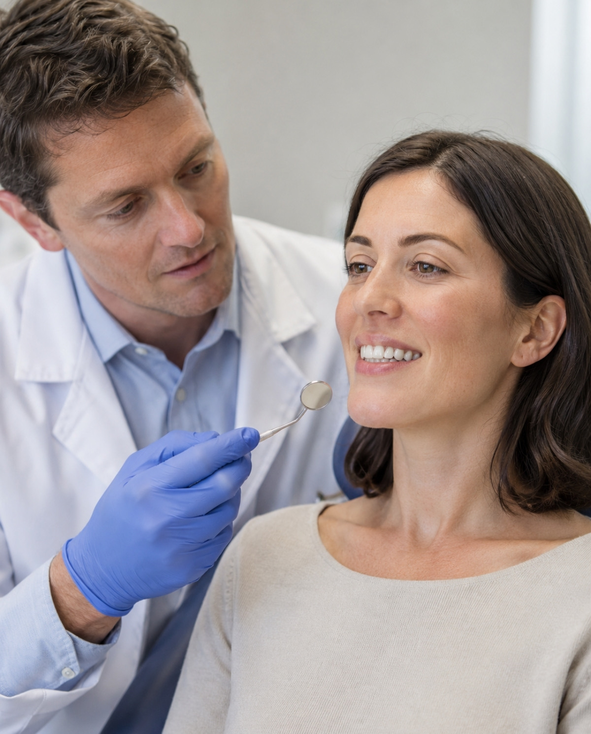 Dentist observing an adult patient’s smile to assess lip support, chin position, bite relationship, and jaw symmetry.