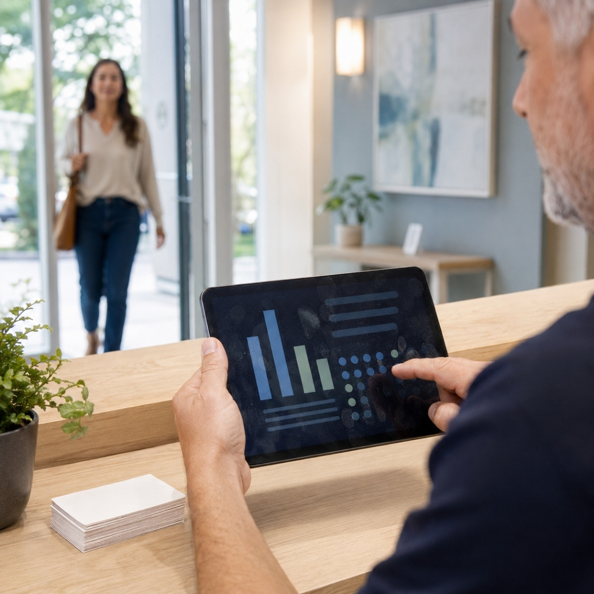 Dentist reviewing anonymous patient-interest data on a tablet as an adult patient enters the reception area.