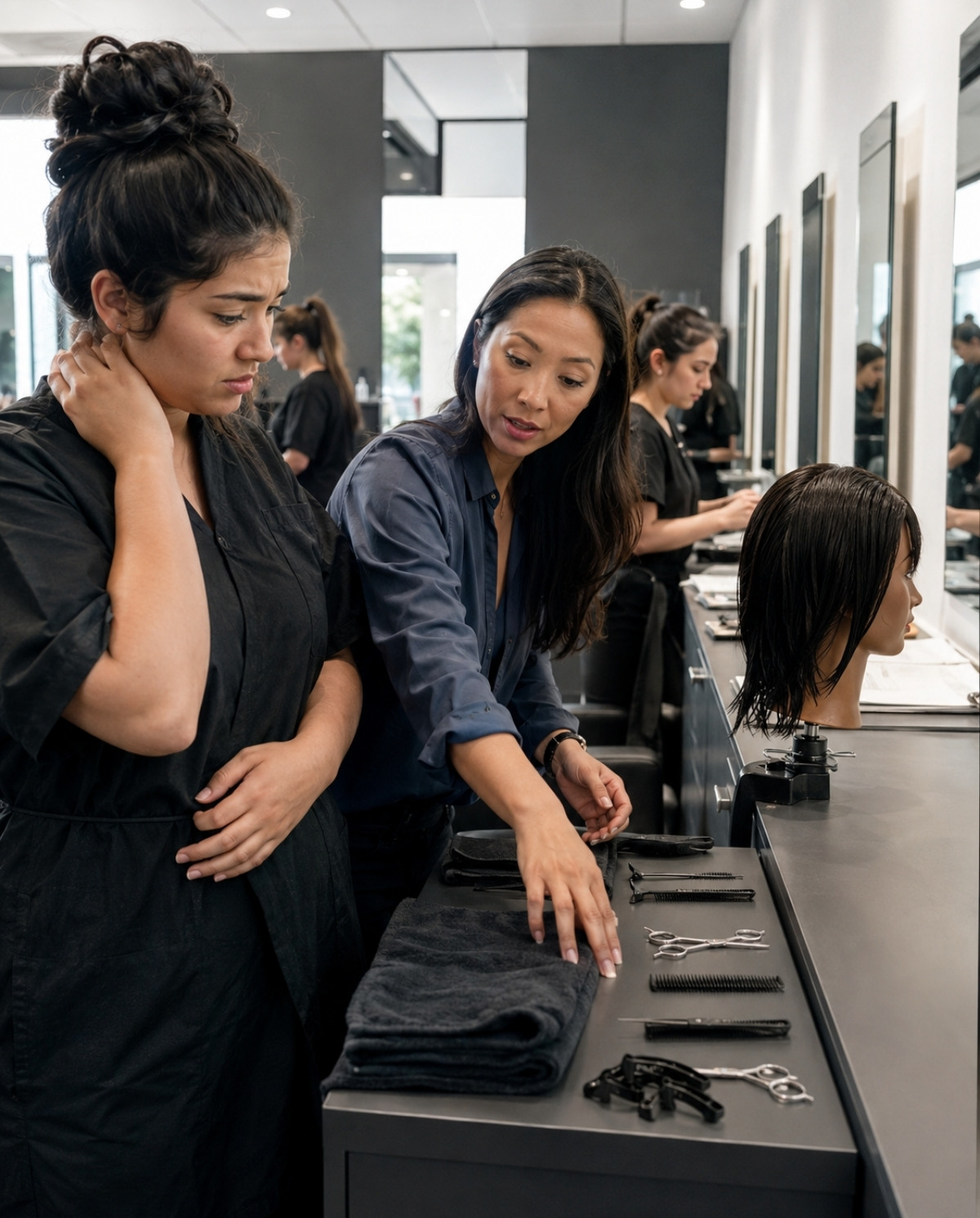 Instructor helps a first-week cosmetology student arrange combs, clips, shears, towels, and a mannequin at a training workstation.
