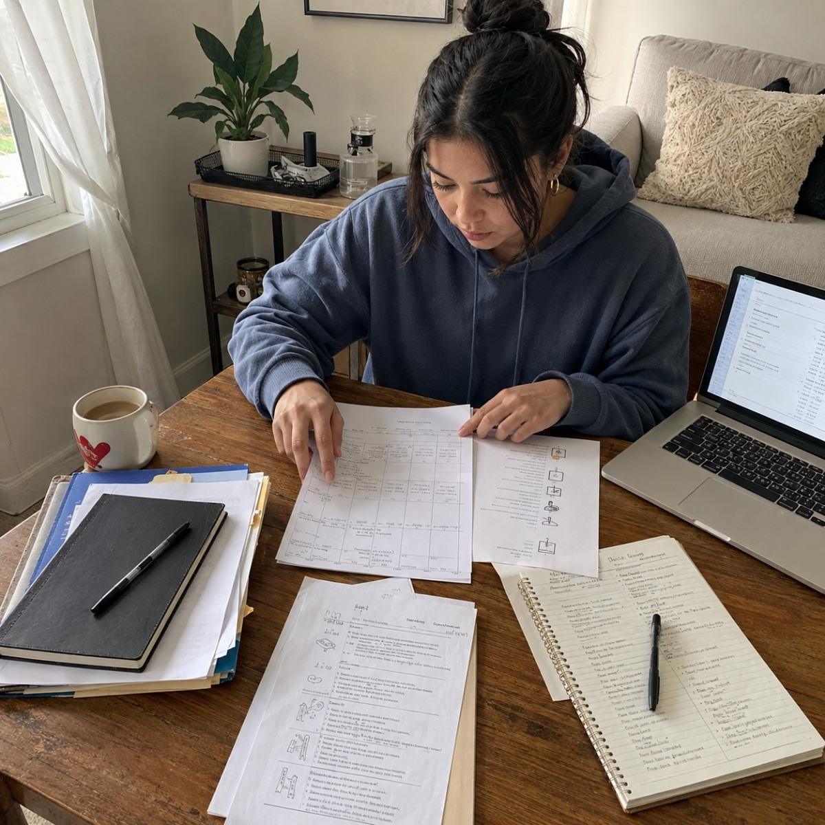 Prospective cosmetology student reviewing a weekly schedule, financial information, transportation plans, and required supplies at a home desk.
