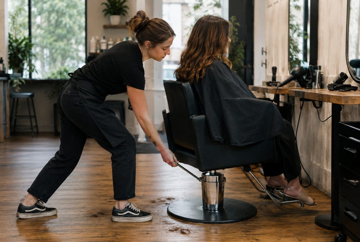 Working cosmetologist adjusting a client's salon chair to a comfortable height before beginning a detailed hairstyling service.