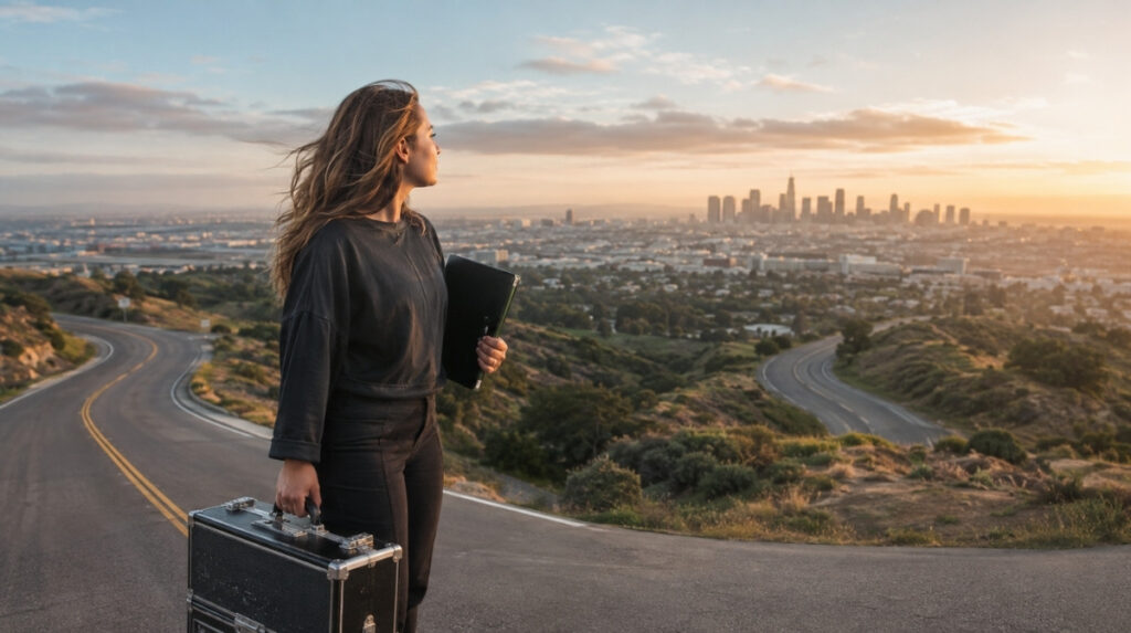 Licensed cosmetologist holding a professional beauty case and credential folder while overlooking two roads leading toward a new city.