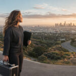 Licensed cosmetologist holding a professional beauty case and credential folder while overlooking two roads leading toward a new city.