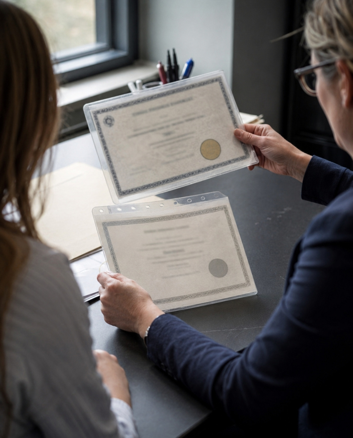 Licensing adviser and relocating cosmetologist reviewing two anonymous state credentials during an out-of-state license application.