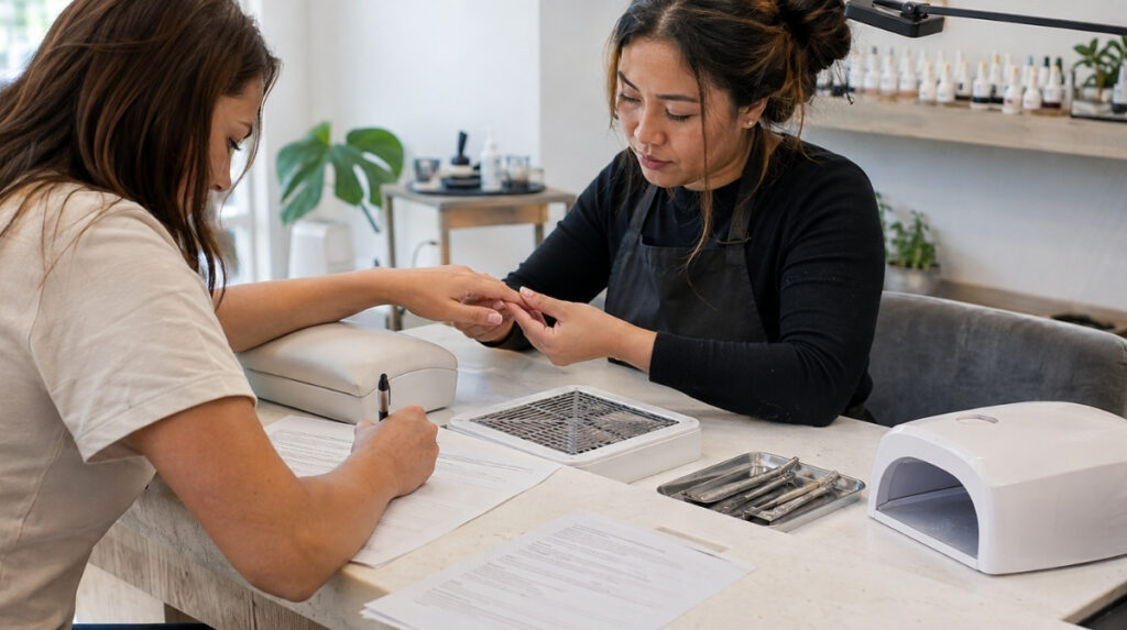Nail technician performs a first visit consultation while a client completes an intake form and presents bare natural nails for inspection at a prepared manicure station.