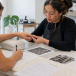 Nail technician performs a first visit consultation while a client completes an intake form and presents bare natural nails for inspection at a prepared manicure station.