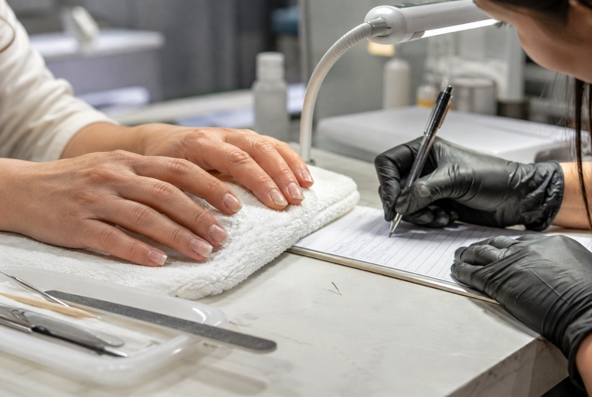 A nail professional discusses an upcoming appointment with a client while referencing a digital booking calendar at a compact reception counter. The policy sheet and payment terminal help illustrate how scheduling, cancellations, deposits, payment procedures, and other business expectations can be communicated before an appointment. A manicure station in the background connects the administrative conversation directly to everyday salon operations.