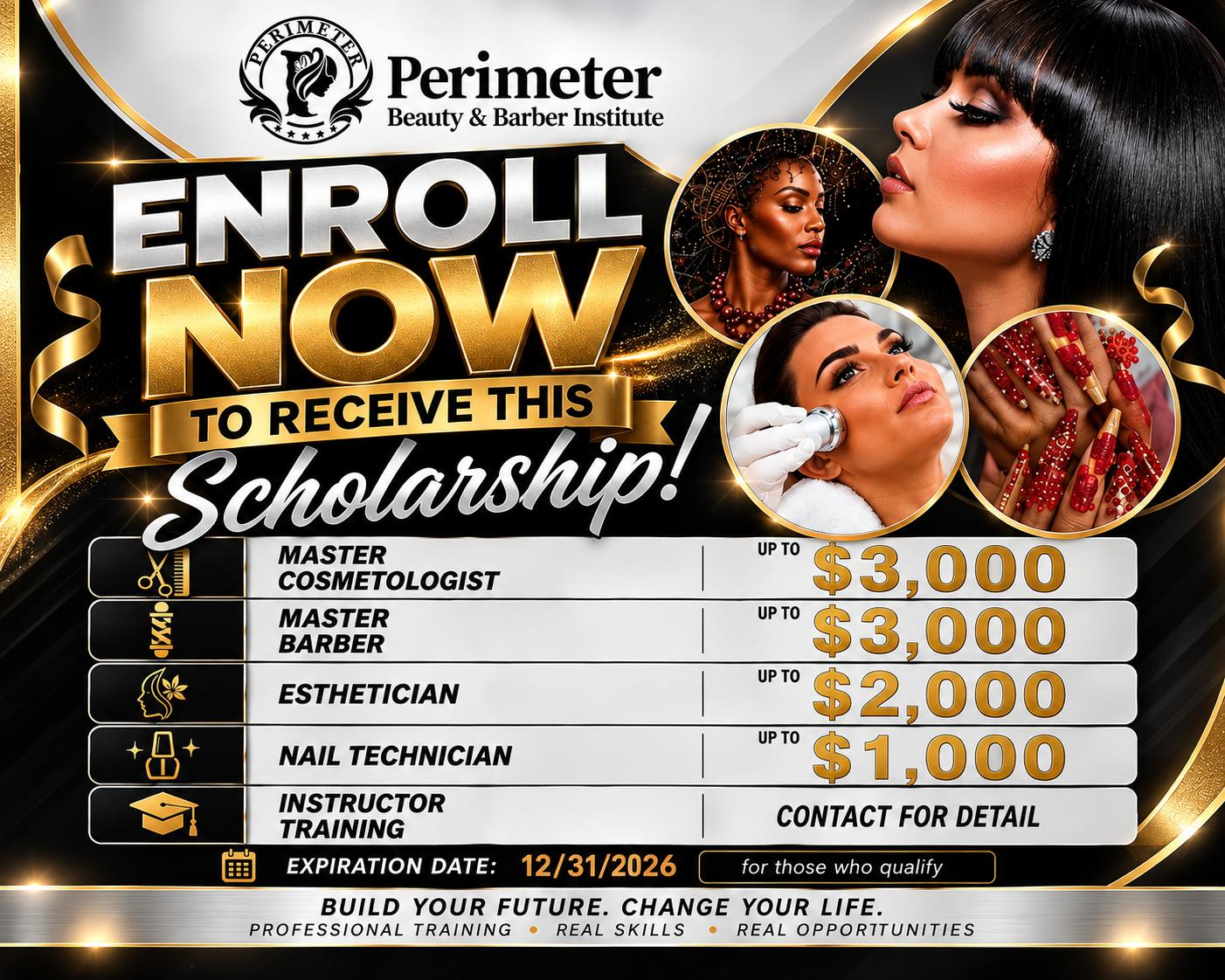 <h2 style="text-align: center;">GET UP TO $3,000 IN SCHOLARSHIPS!<br />
<span style="color: #a60808;"><em>Start Your Beauty Career Today</em></span></h2>
