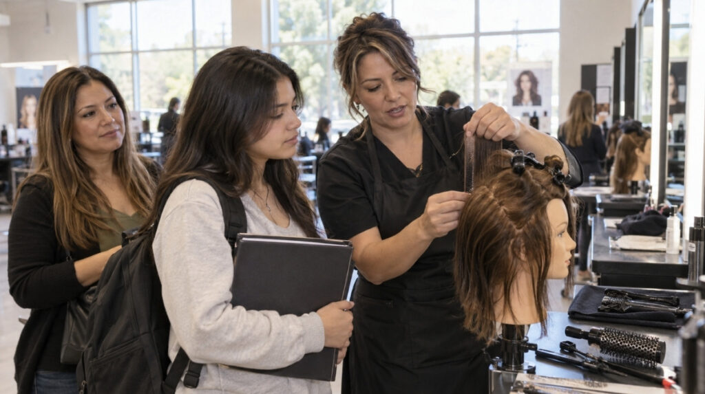 Prospective teen student and her parent observe an instructor demonstrating hair sectioning on a mannequin during a cosmetology classroom tour.