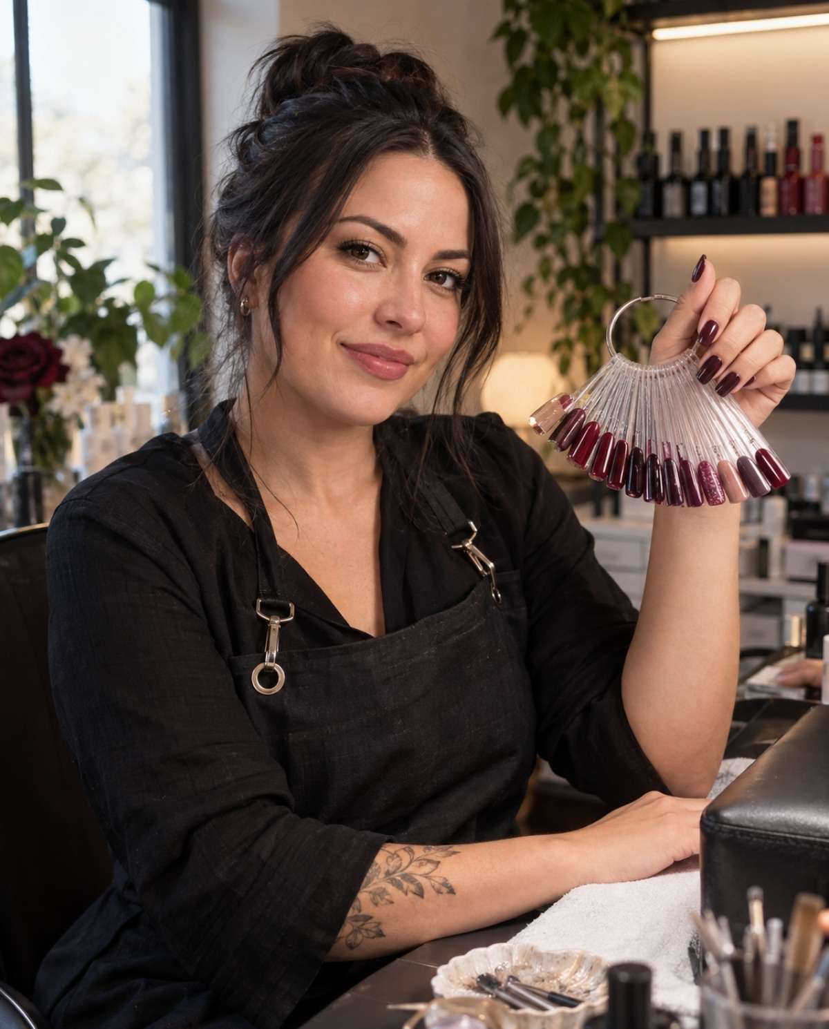 Confident nail technician holding a coordinated ring of berry colored nail samples while posing naturally inside her professional manicure workspace.