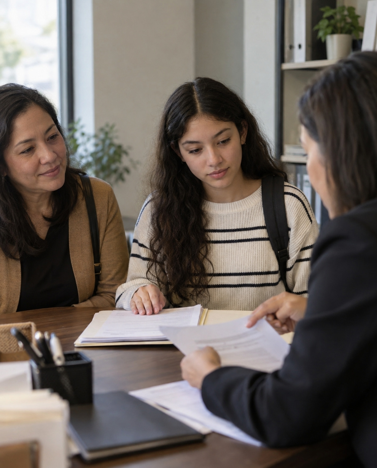 Teen cosmetology applicant and guardian review an education records folder and admission checklist with an adviser.