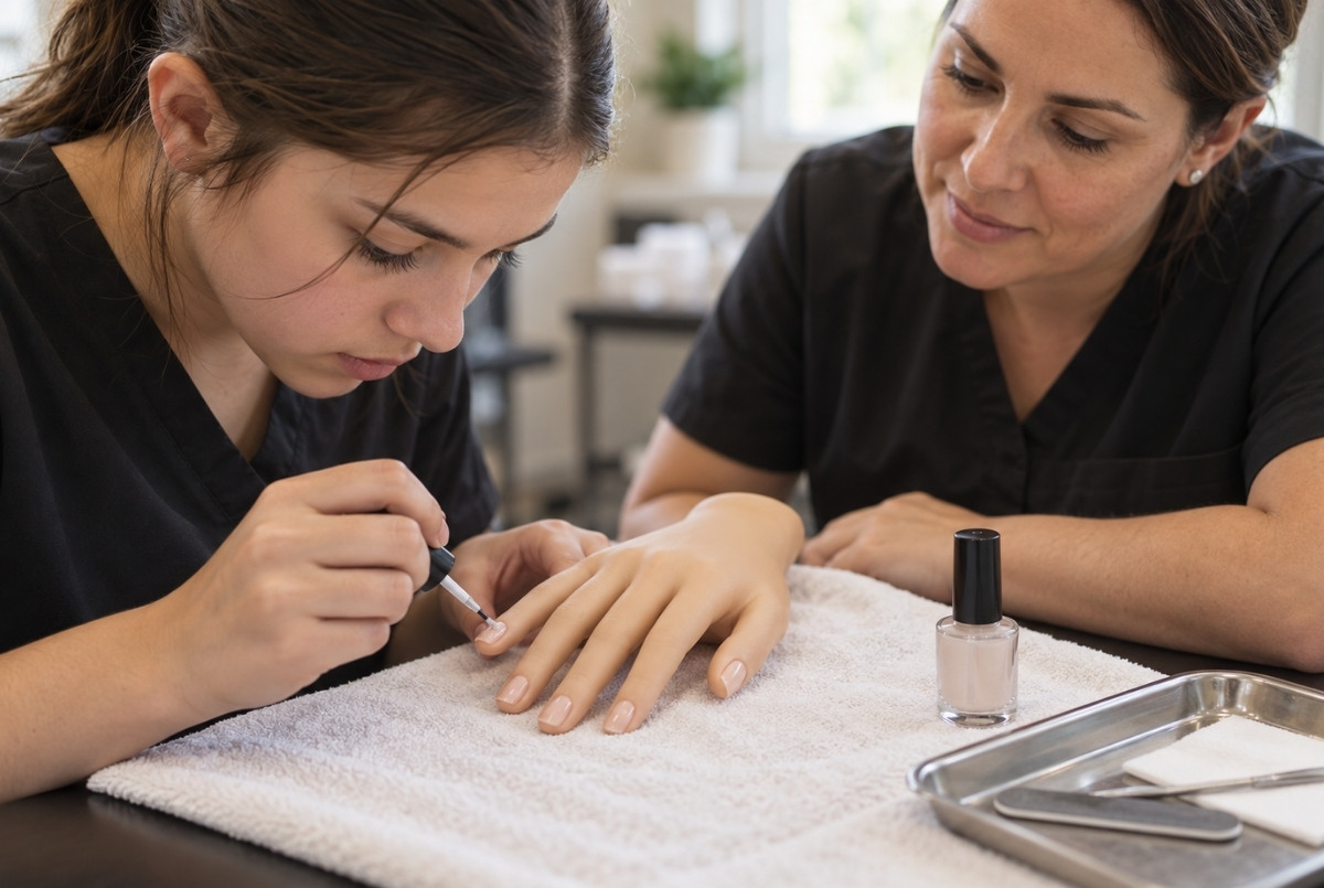Teen cosmetology student applies clear polish to a silicone training hand while an adult instructor observes her manicure technique.