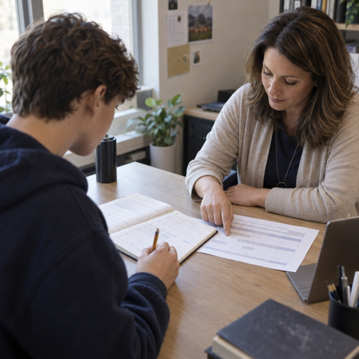 High school student and counselor compare an academic planner with a cosmetology training timetable while discussing scheduling options.