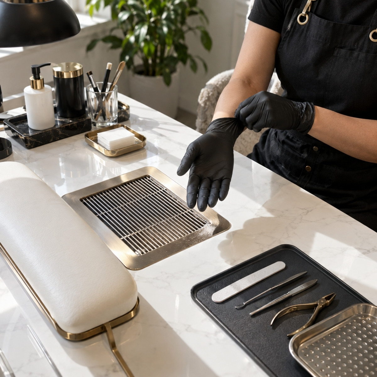 Nail technician putting on fresh black gloves beside a tabletop extractor, sanitized metal implements, disposable files, and prepared manicure supplies.