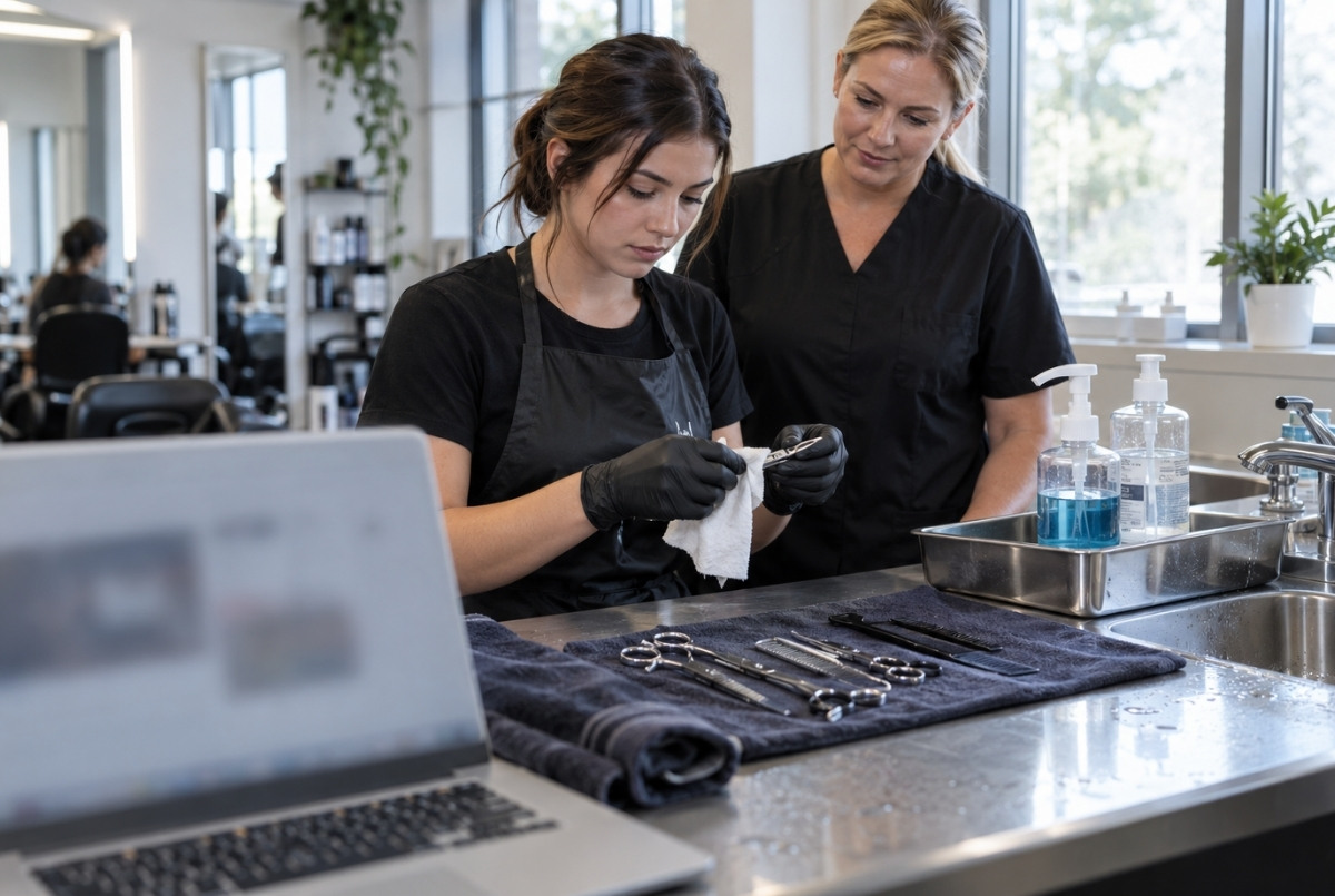 Cosmetology learner moving from an online theory lesson to a supervised sanitation and tool-handling exercise at a salon workstation.